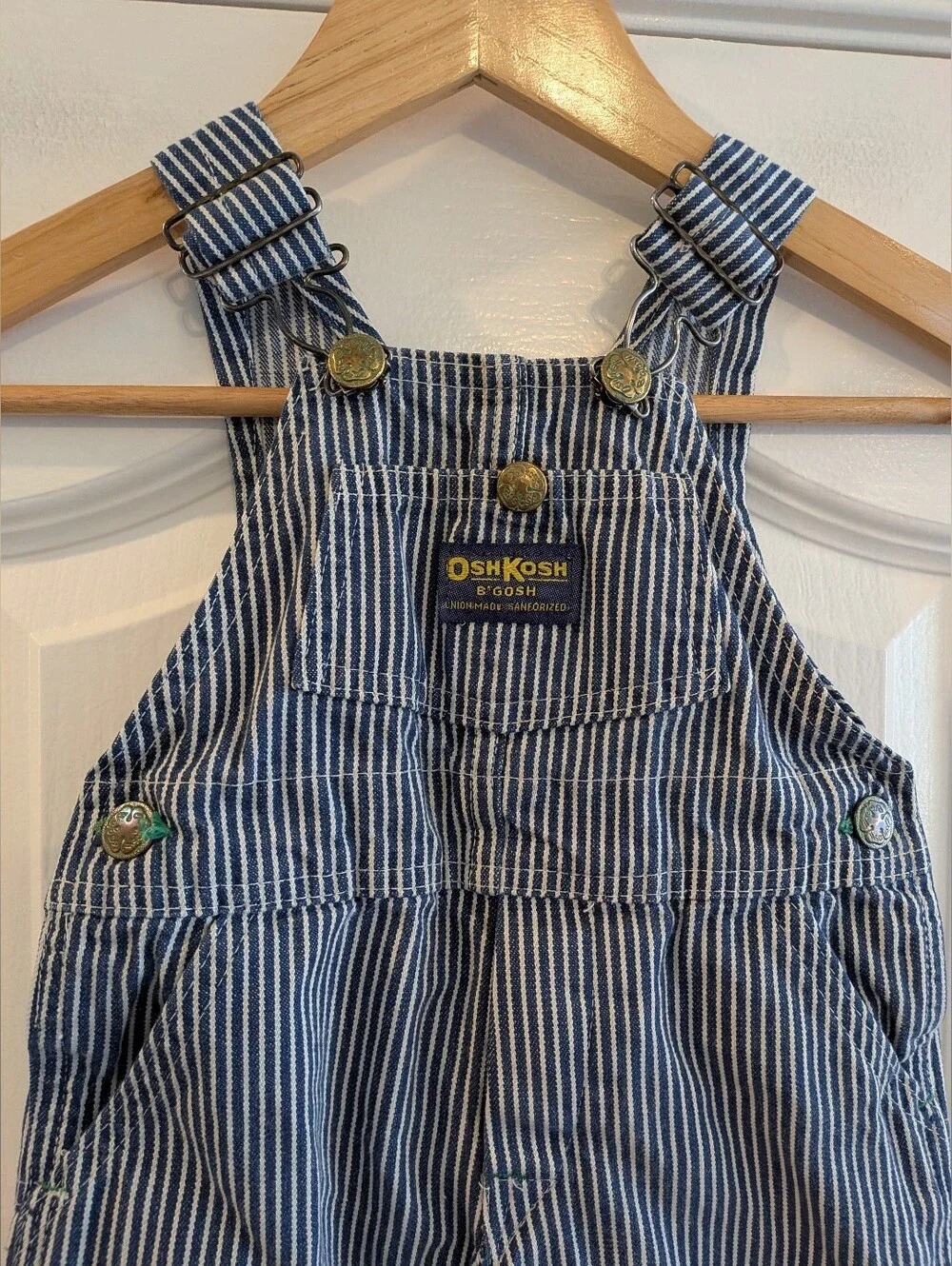 Vintage Oshkosh B'gosh Striped Railroad Overalls Vestback White Blue 90s Sz 18M